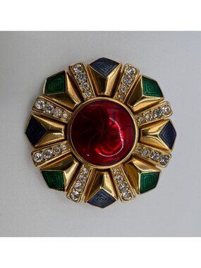 Monet Moghul Enamel Brooch Red Cabochon Clear Rhinestones Gold Tone Vintage